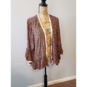 Chelsea & violet boho ruffle lace trim floral cardigan blue orange XL